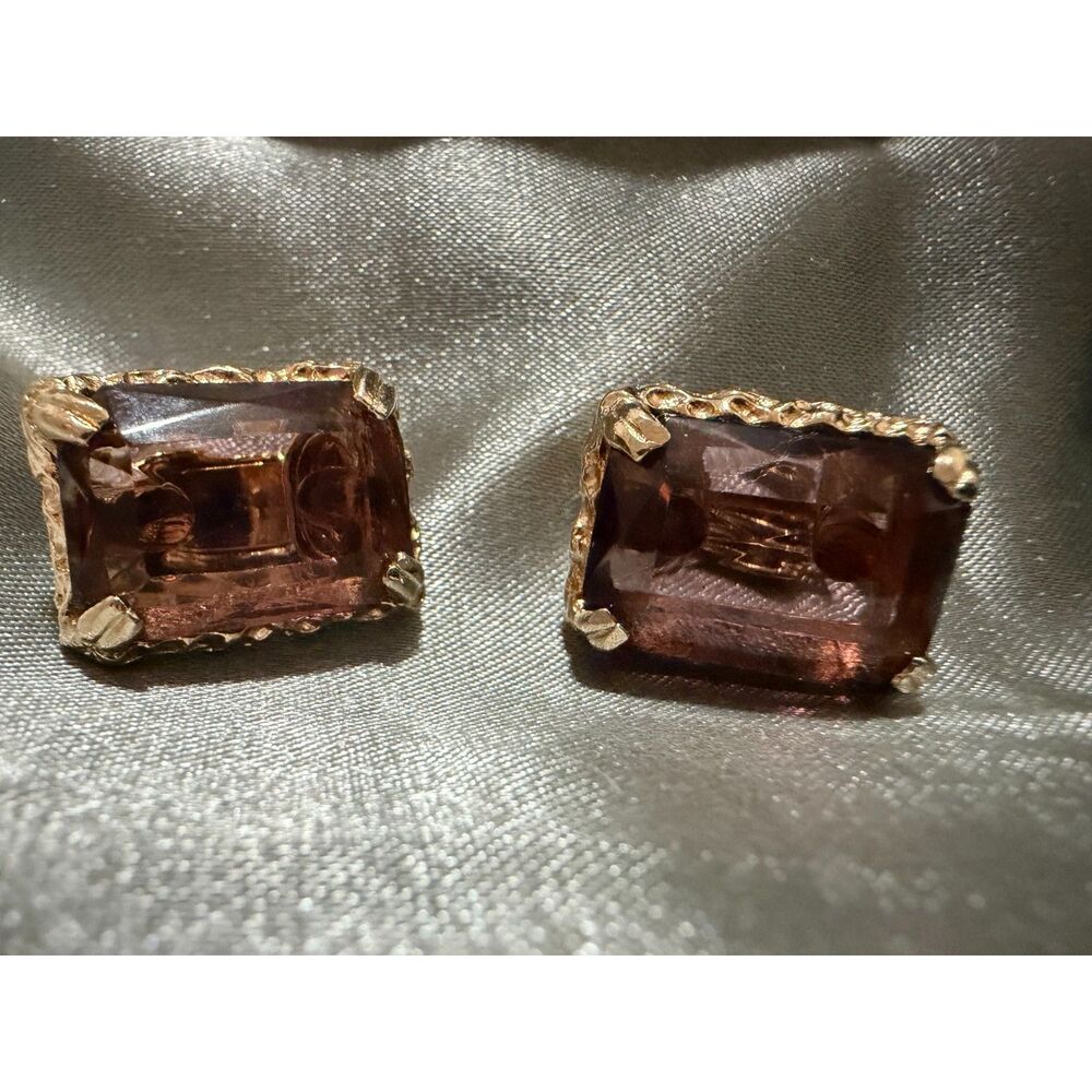 Vintage Sarah Coventry Gold Tone Smoky Amethyst Glass Clip Earrings Brutalist